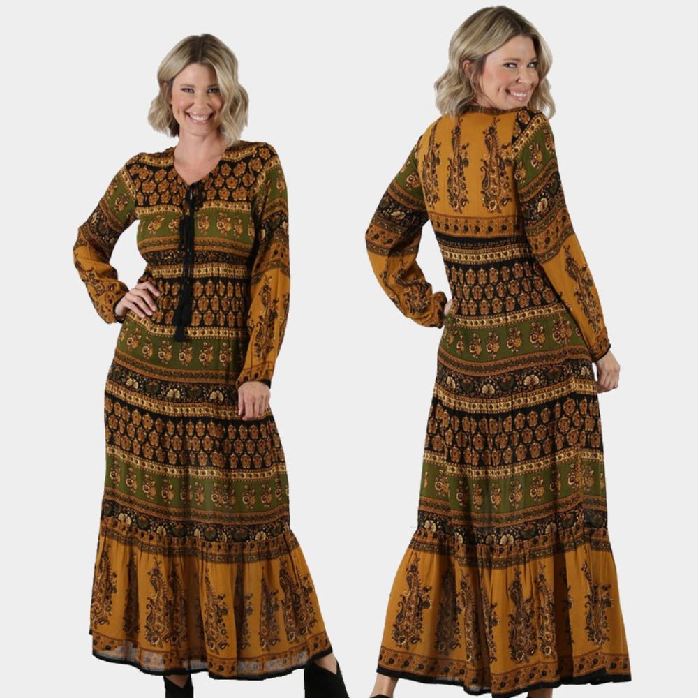 Nostalgia Printed Long Sleeve Maxi Dress NWT • Boho • Elastic Cuffs Gold Black - Picture 1 of 3